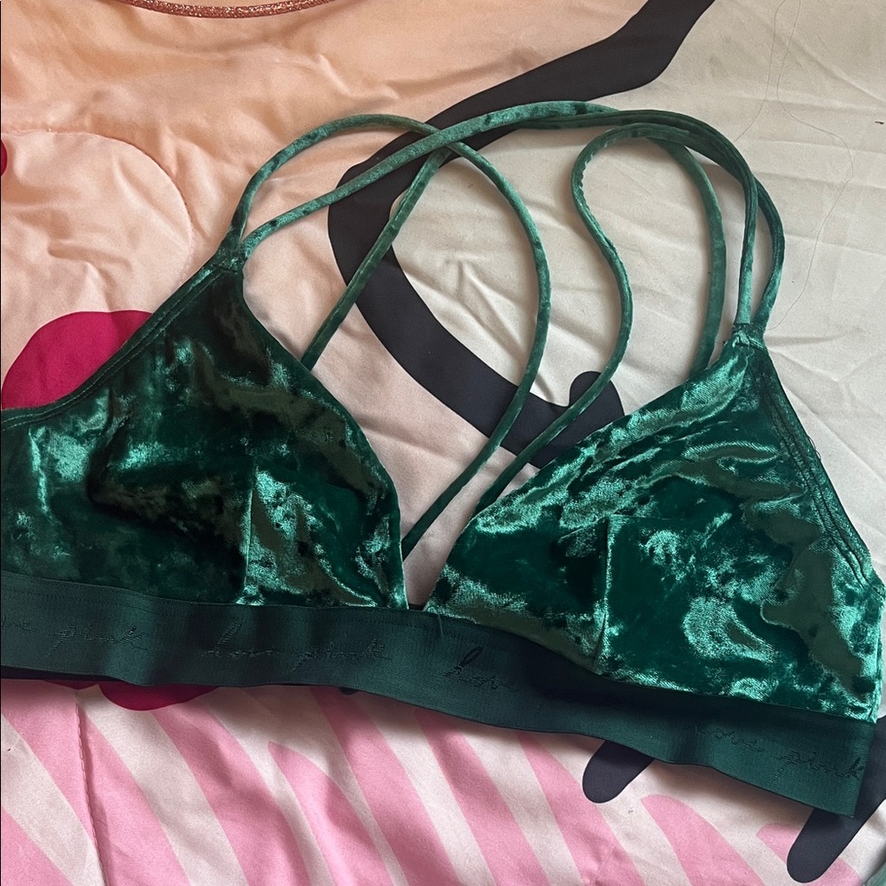 Victoria Secret PINK Velvet Triangle Bralette Dark Garden Green